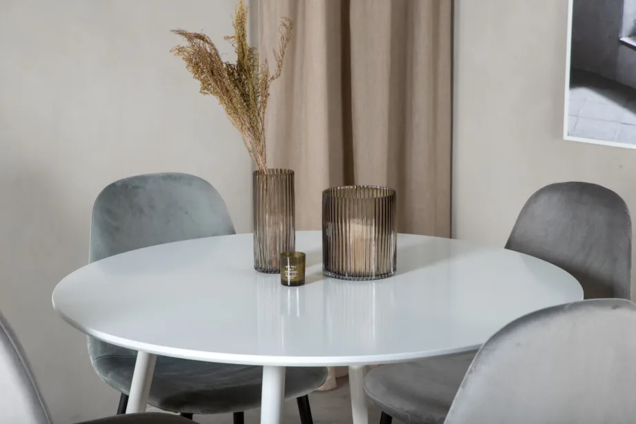 Plaza ümmargune söögilauakomplekt, valge laud hallide samettoolidega (Ø100 cm), GR19572 – 6