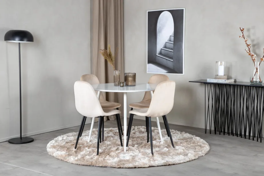 Ümmargune söögilauakomplekt Plaza 100 cm ja Polar toolidega (valge, beež velvet, mustad jalad), GR19573 – 4
