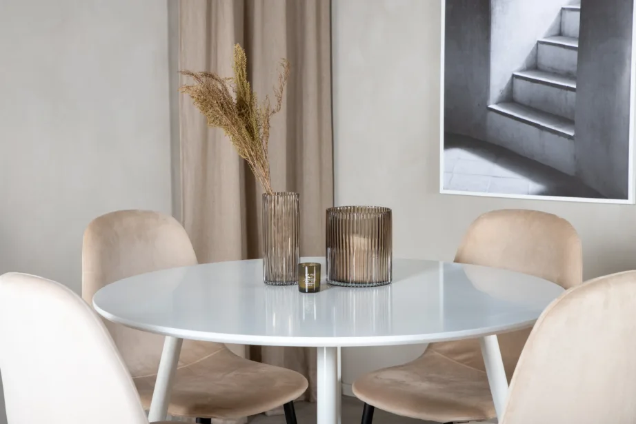 Ümmargune söögilauakomplekt Plaza 100 cm ja Polar toolidega (valge, beež velvet, mustad jalad), GR19573 – 6