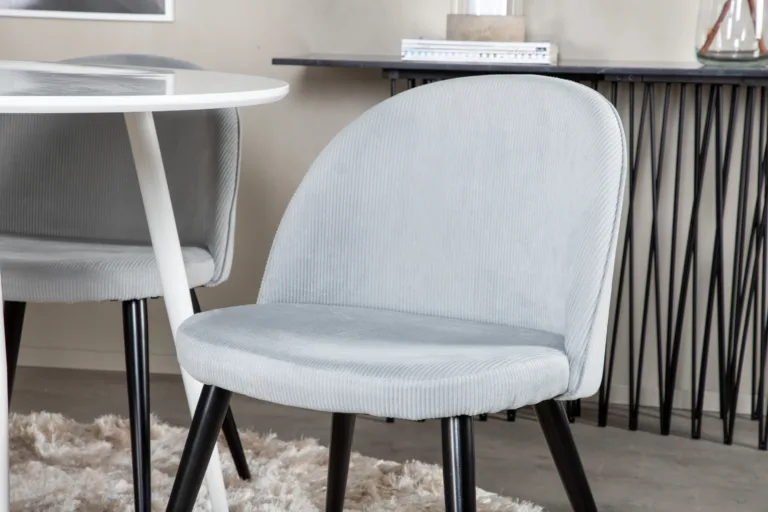 Ümmargune söögilauakomplekt Plaza, valge MDF laud ja helehallid Velvet kangast toolid - GR19575