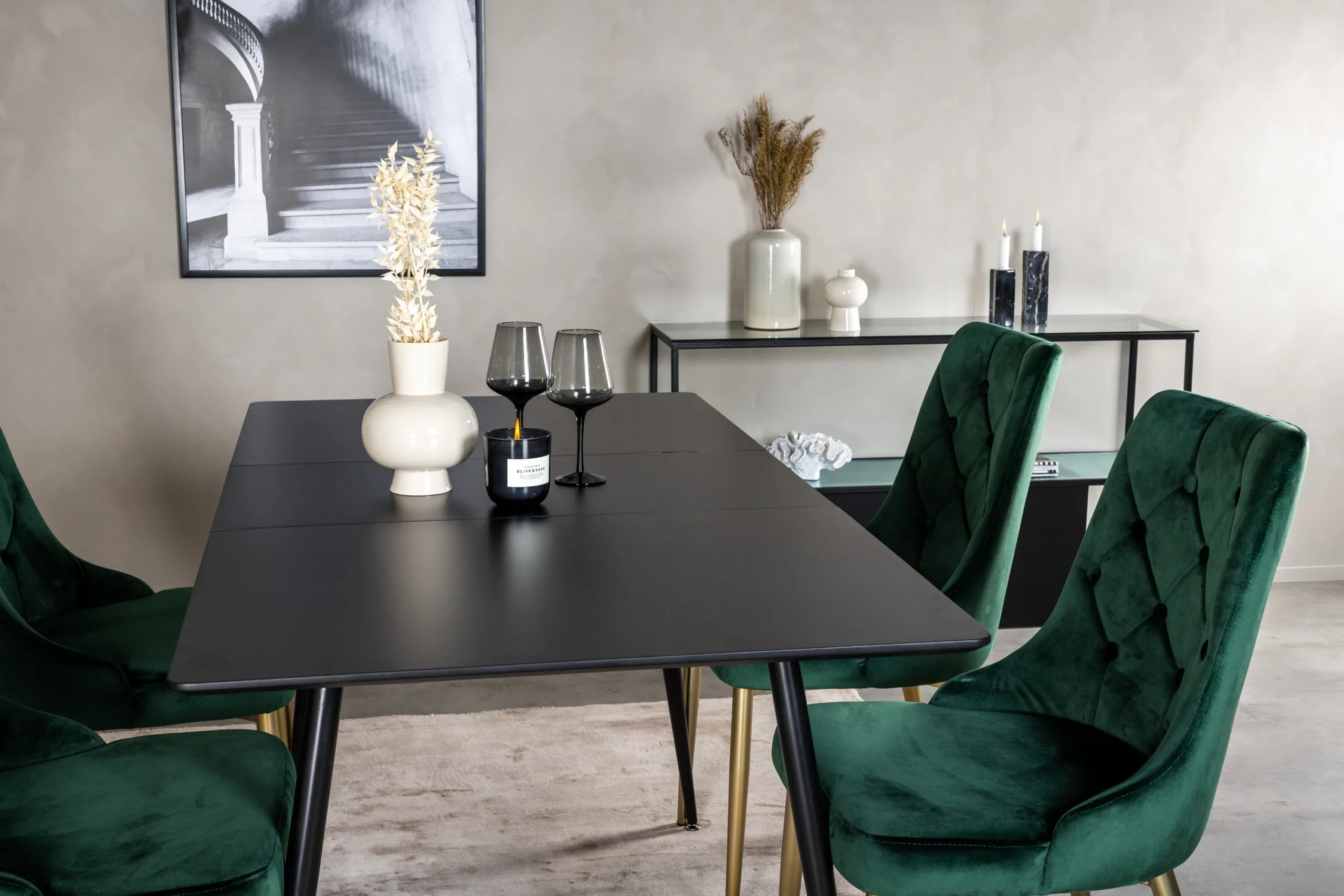 Silar must ristkülikukujuline söögitoakomplekt roheliste Velvet Deluxe toolidega - GR19589