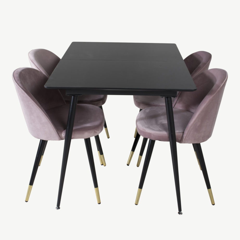 Söögitoa komplekt Silar – musta melamiinviimistlusega laud ja tolmuroosad velvettoolid, GR19592 – 2