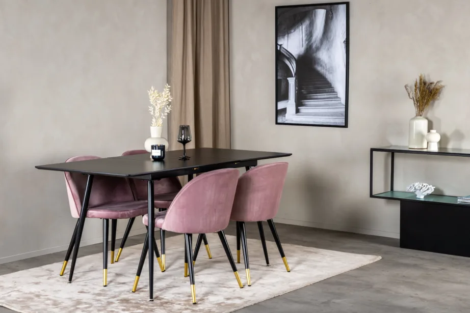 Söögitoa komplekt Silar – musta melamiinviimistlusega laud ja tolmuroosad velvettoolid, GR19592 – 6