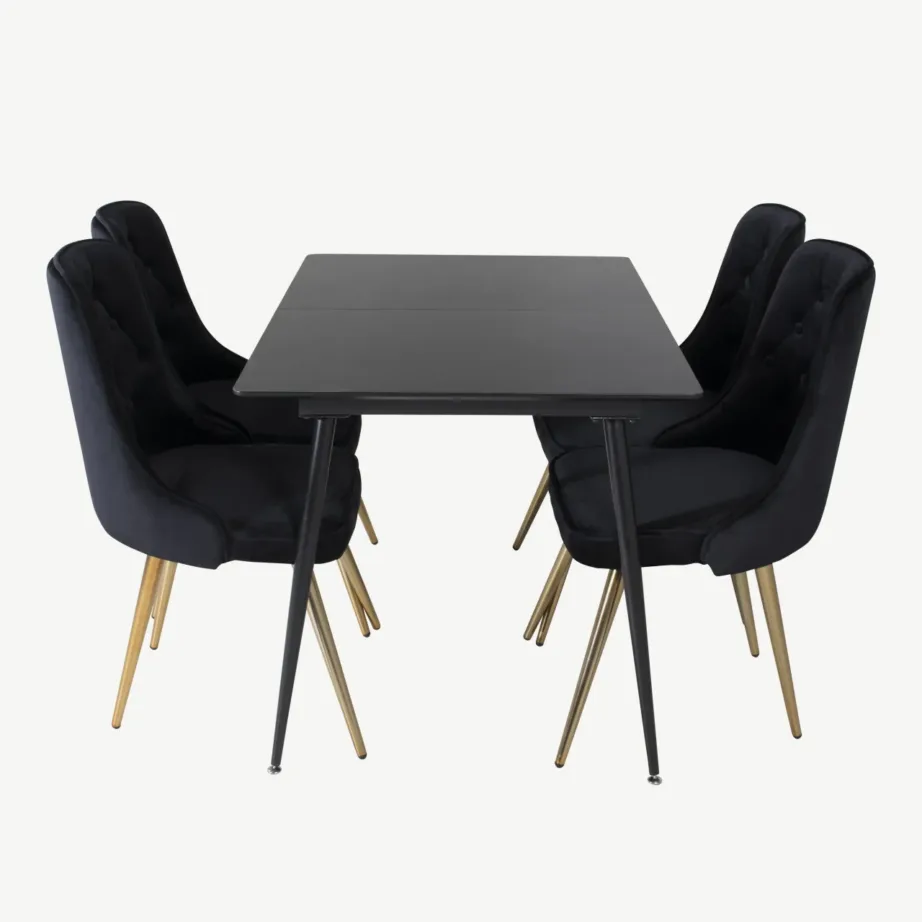 Must söögilauakomplekt Silar (MDF laud, mustad sametist toolid, kuldsed jalad), GR19593 – 2