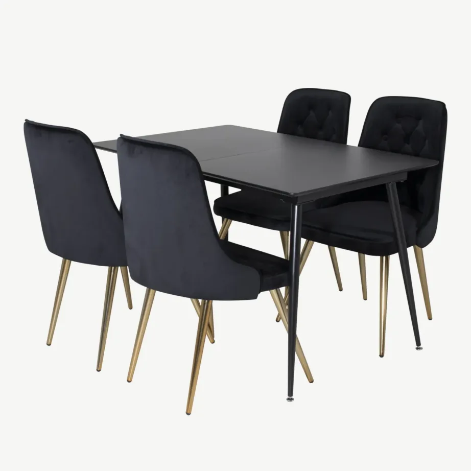 Must söögilauakomplekt Silar (MDF laud, mustad sametist toolid, kuldsed jalad), GR19593