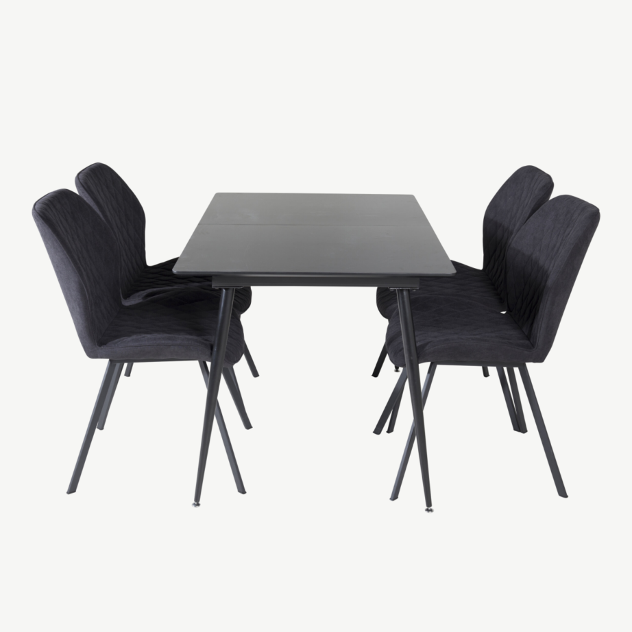 Silar ristkülikukujuline must söögilauakomplekt mustade MDF-laua ja polsterdatud toolidega, GR19595 – 2