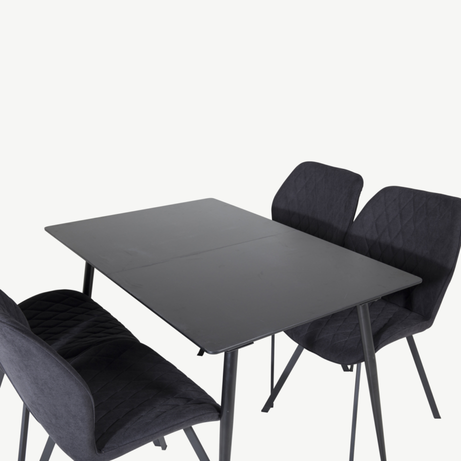 Silar ristkülikukujuline must söögilauakomplekt mustade MDF-laua ja polsterdatud toolidega, GR19595 – 4
