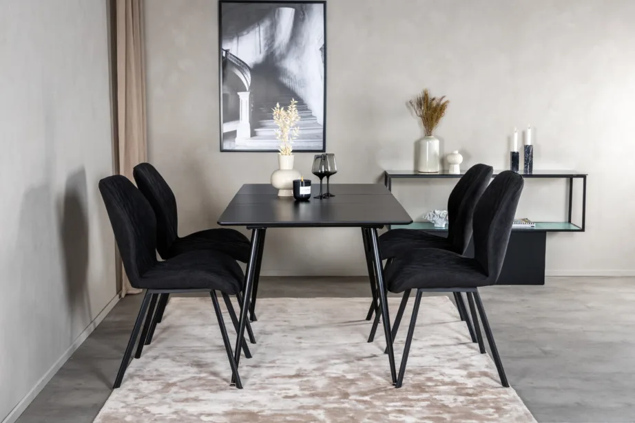 Silar ristkülikukujuline must söögilauakomplekt mustade MDF-laua ja polsterdatud toolidega, GR19595 – 5