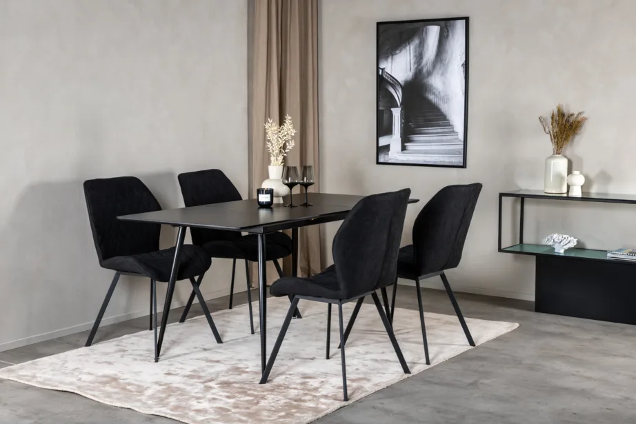 Silar ristkülikukujuline must söögilauakomplekt mustade MDF-laua ja polsterdatud toolidega, GR19595 – 6