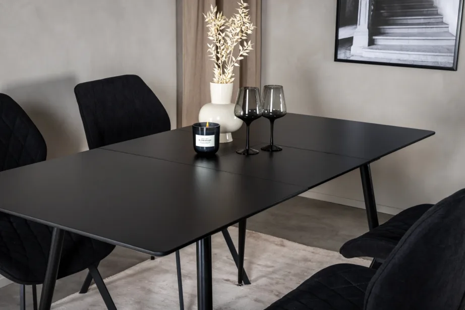 Silar ristkülikukujuline must söögilauakomplekt mustade MDF-laua ja polsterdatud toolidega, GR19595 – 8