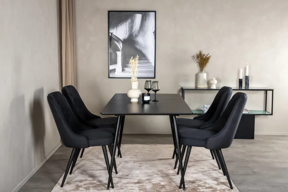 Silar söögitoakomplekt musta MDF-laua ja nelja musta polsterdatud tooliga, GR19596 – 5
