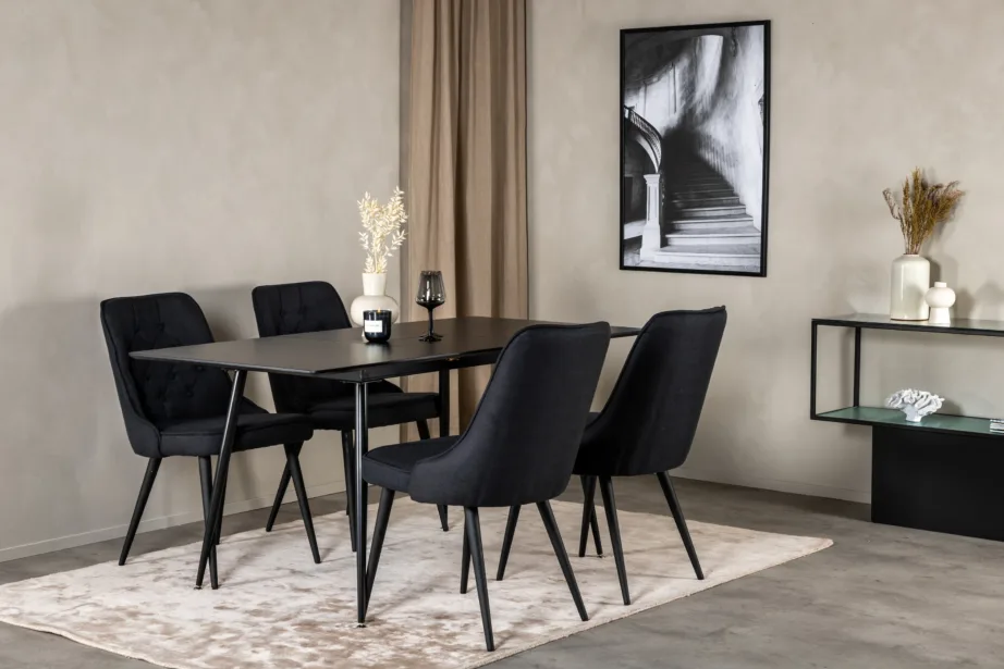 Silar söögitoakomplekt musta MDF-laua ja nelja musta polsterdatud tooliga, GR19596 – 6
