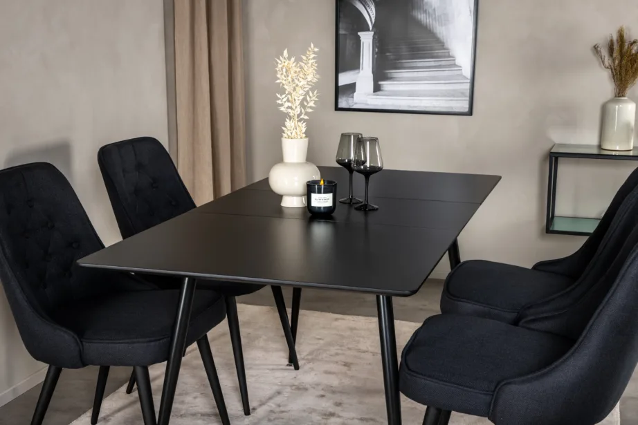 Silar söögitoakomplekt musta MDF-laua ja nelja musta polsterdatud tooliga, GR19596 – 8