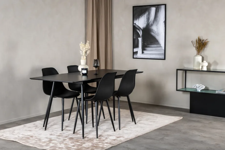 Silar must söögitoakomplekt: ristkülikukujuline MDF-laud ja neli musta plastiktooli, GR19597 – 6