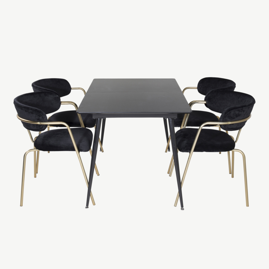 Silar söögigrupi komplekt musta MDF-lauaga ja Arrow samettoolidega (kuldsete jalgadega, 6 kohta), GR19599 – 2