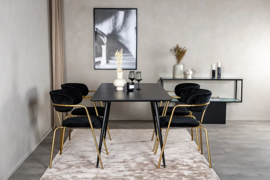 Silar söögigrupi komplekt musta MDF-lauaga ja Arrow samettoolidega (kuldsete jalgadega, 6 kohta), GR19599 – 5