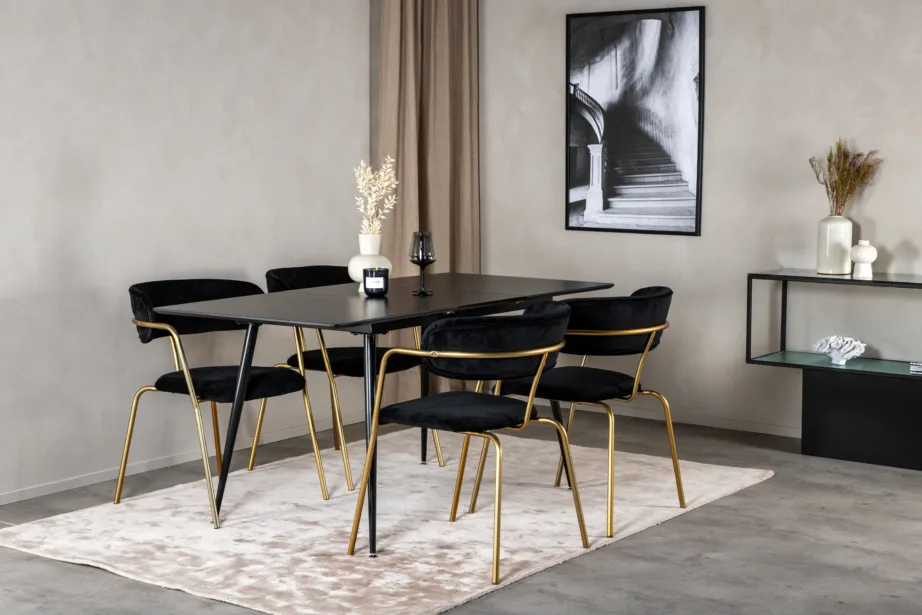 Silar söögigrupi komplekt musta MDF-lauaga ja Arrow samettoolidega (kuldsete jalgadega, 6 kohta), GR19599 – 6