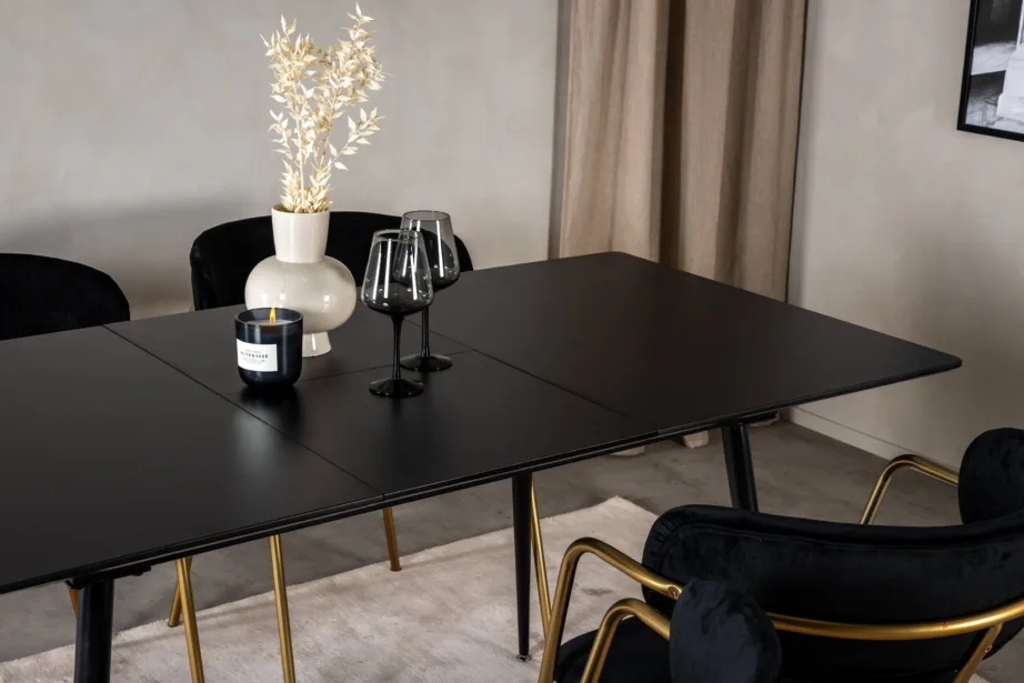 Silar söögigrupi komplekt musta MDF-lauaga ja Arrow samettoolidega (kuldsete jalgadega, 6 kohta), GR19599 – 8