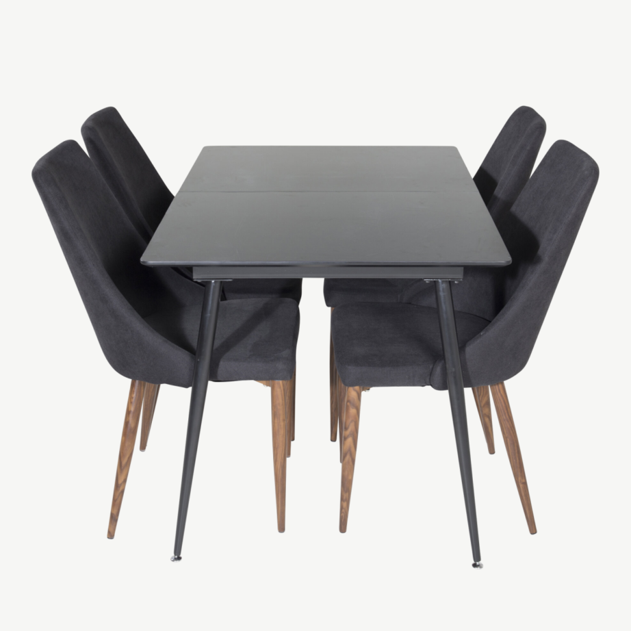 Pikendatav must ristkülikukujuline söögilauakomplekt Silar, melamiinist lauaplaat, terasjalad ja mustad Leone toolid puidust jalgadega, GR19601 – 2