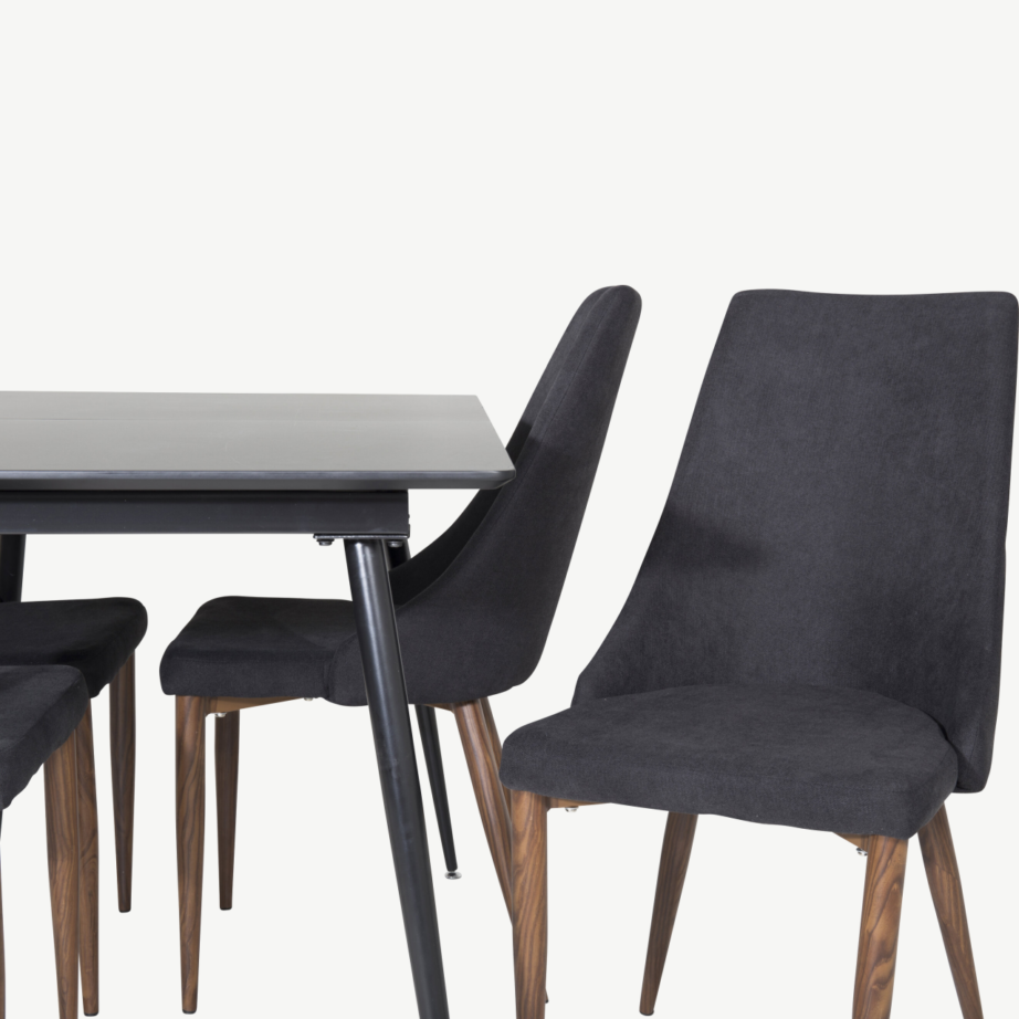 Pikendatav must ristkülikukujuline söögilauakomplekt Silar, melamiinist lauaplaat, terasjalad ja mustad Leone toolid puidust jalgadega, GR19601 – 3