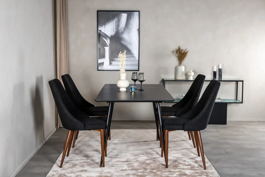 Pikendatav must ristkülikukujuline söögilauakomplekt Silar, melamiinist lauaplaat, terasjalad ja mustad Leone toolid puidust jalgadega, GR19601 – 5