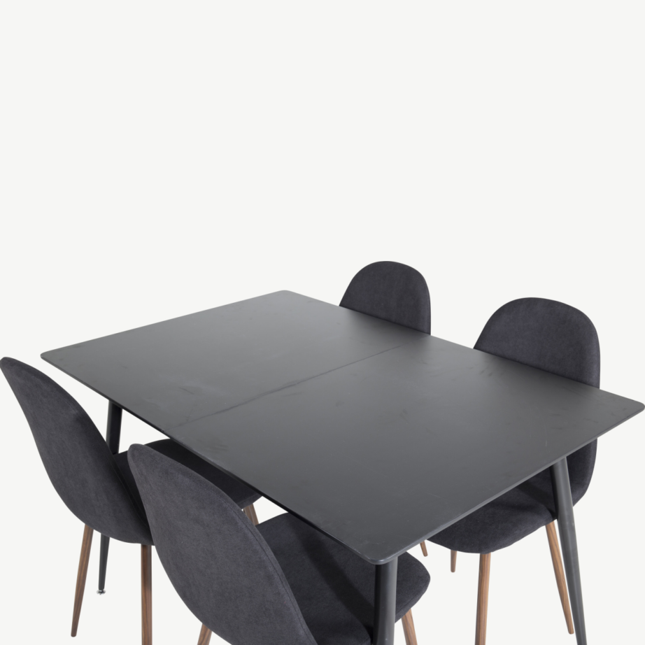 Silar ristkülikukujuline must söögilauakomplekt (must MDF, mustad terasjalad, mustad Polar toolid pähklijalgadega), GR19602 – 4