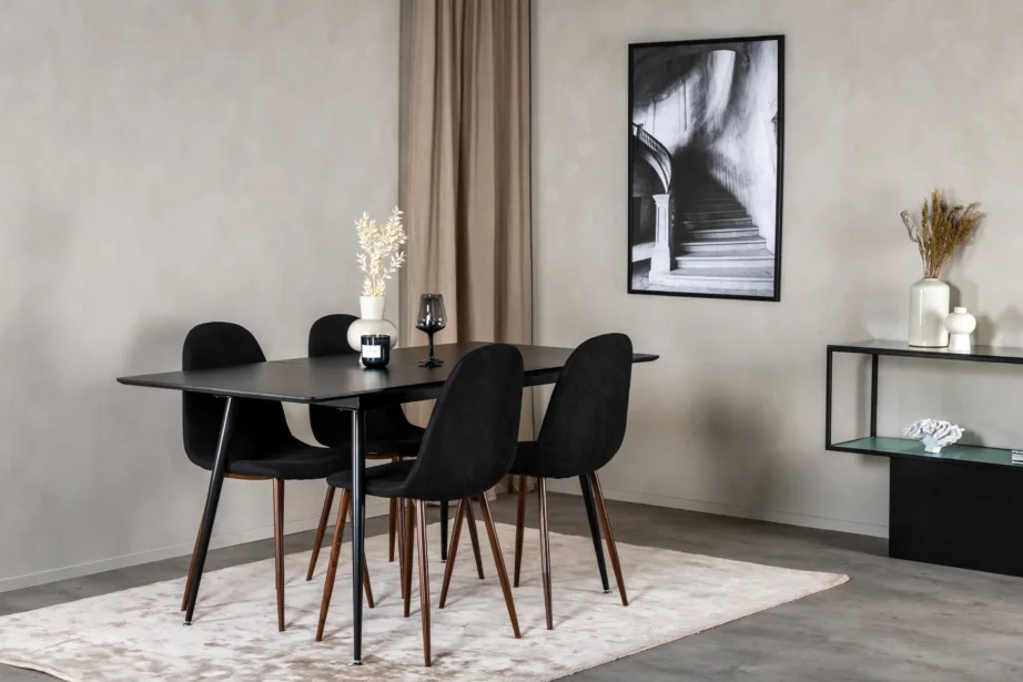 Silar ristkülikukujuline must söögilauakomplekt (must MDF, mustad terasjalad, mustad Polar toolid pähklijalgadega), GR19602 – 6