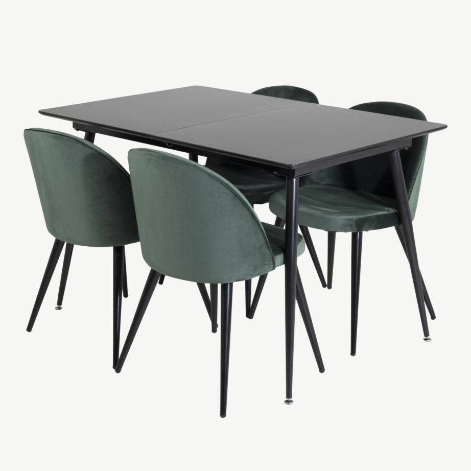 Söögilauakomplekt Silar musta MDF-laudaga ja roheliste velvettoolidega, 4 tooli, GR19603