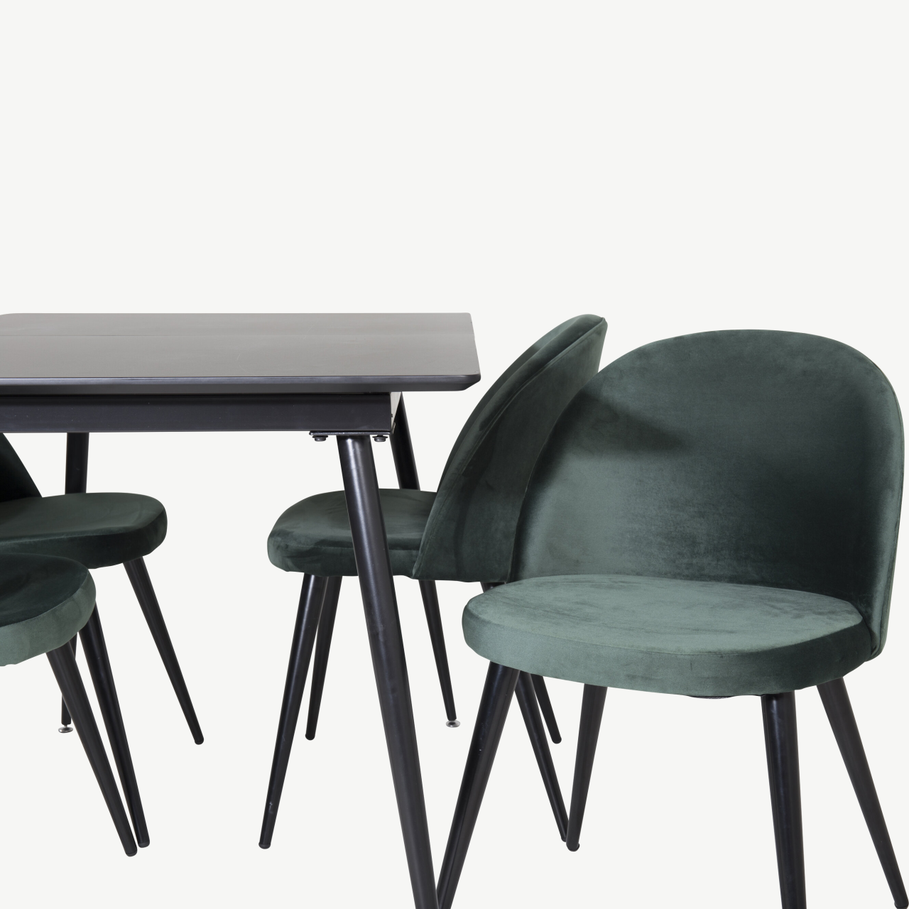 Söögilauakomplekt Silar musta MDF-laudaga ja roheliste velvettoolidega, 4 tooli - GR19603