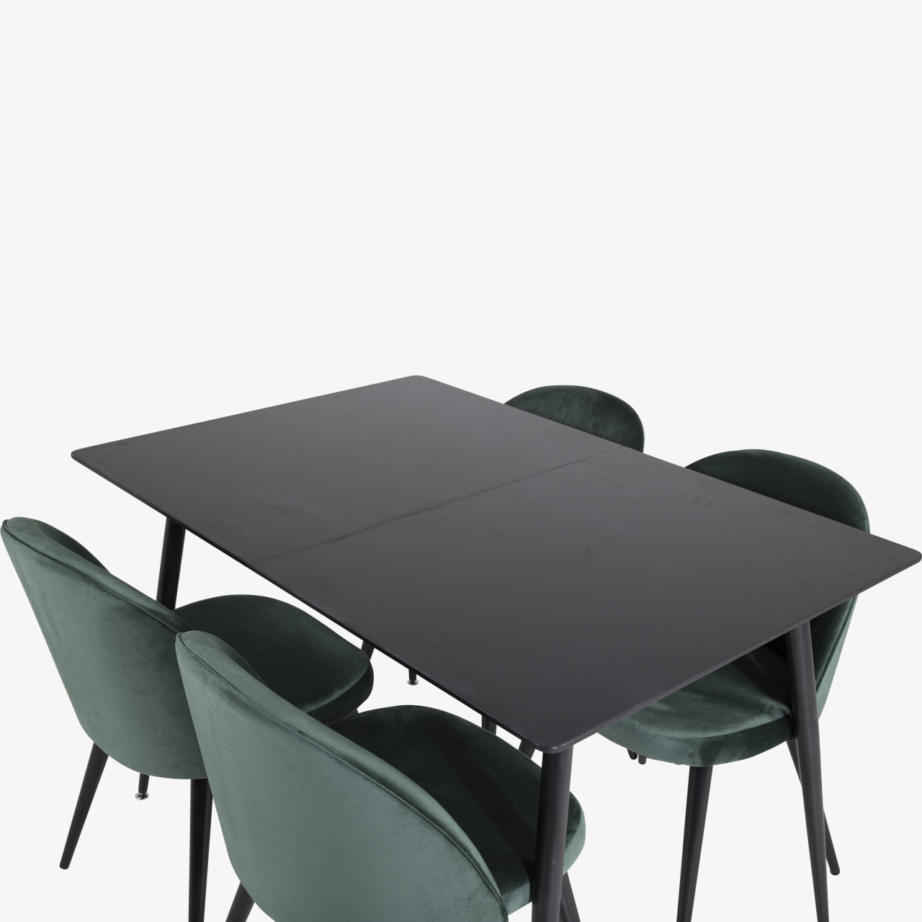 Söögilauakomplekt Silar musta MDF-laudaga ja roheliste velvettoolidega, 4 tooli, GR19603 – 4