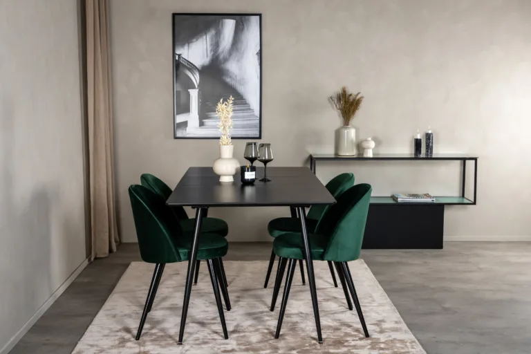 Söögilauakomplekt Silar musta MDF-laudaga ja roheliste velvettoolidega, 4 tooli - GR19603