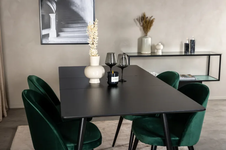 Söögilauakomplekt Silar musta MDF-laudaga ja roheliste velvettoolidega, 4 tooli - GR19603