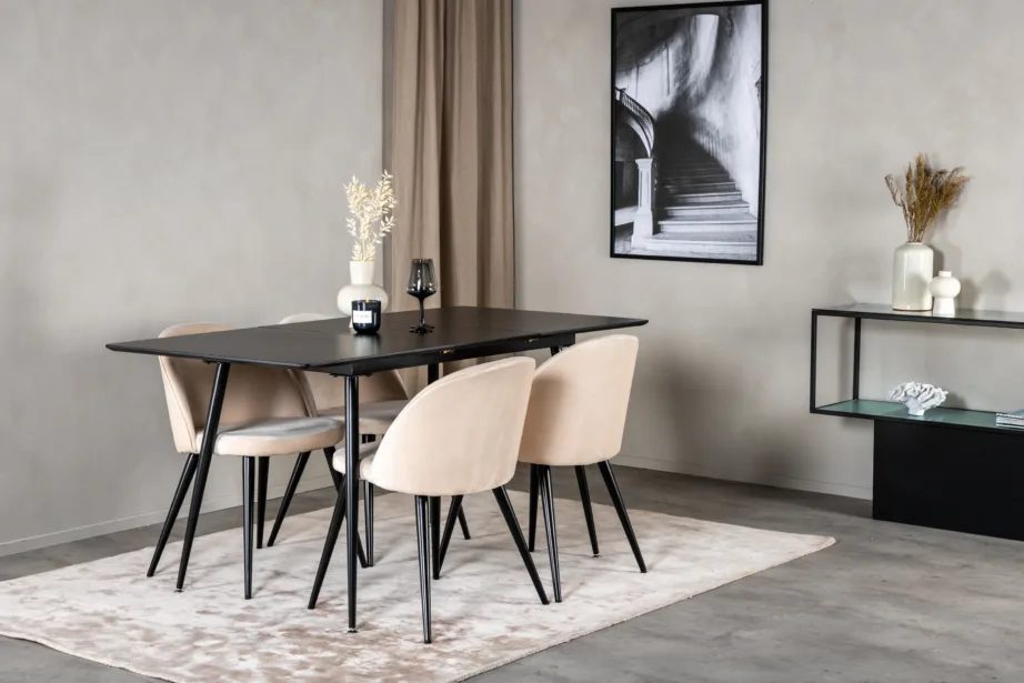 Silar ristkülikukujulise söögigrupi komplekt, must MDF söögilaud ja beežid samettoolid, GR19604 – 6