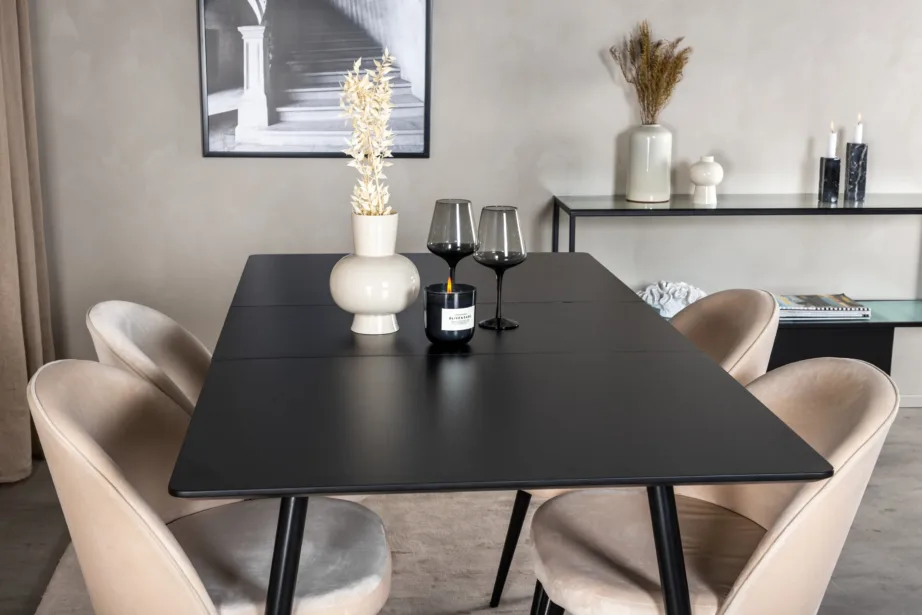 Silar ristkülikukujulise söögigrupi komplekt, must MDF söögilaud ja beežid samettoolid, GR19604 – 8