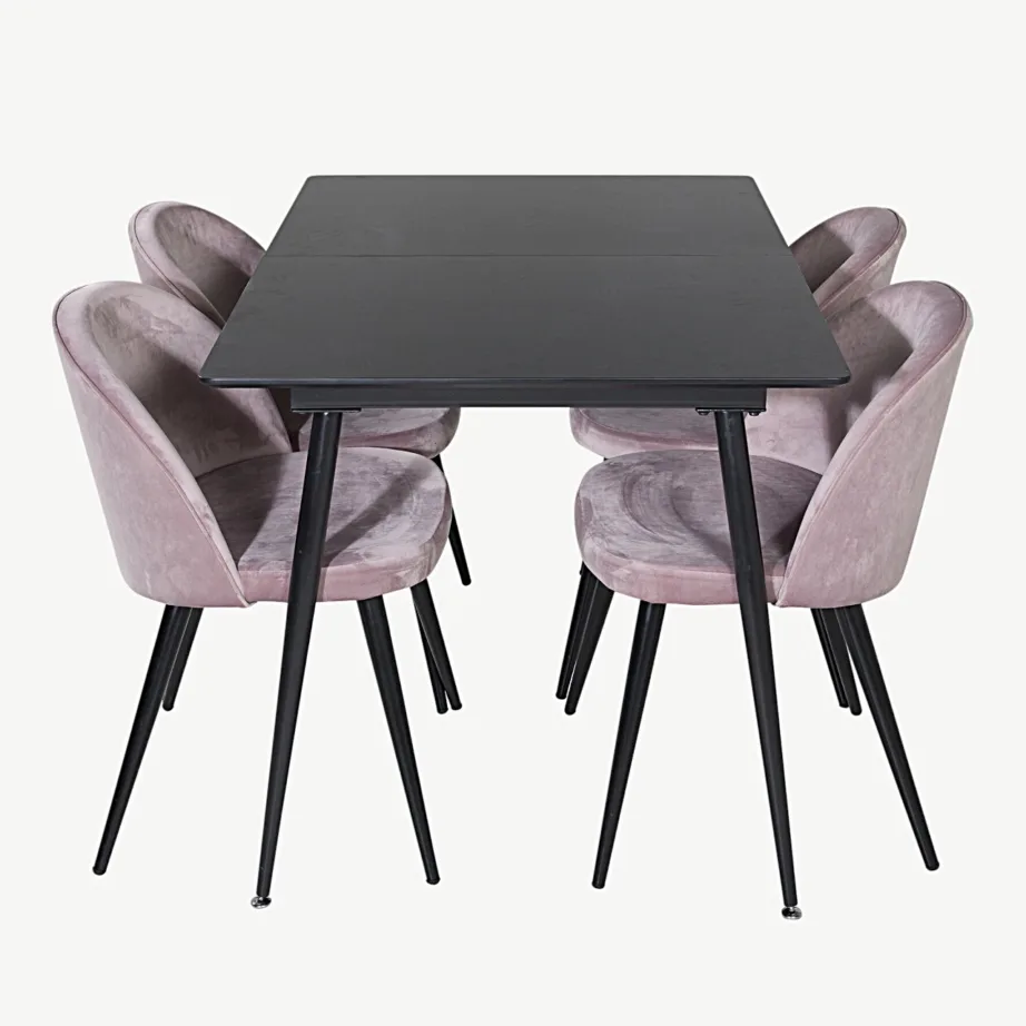 Silar must ristkülikukujuline söögilauakomplekt tolmuroosade samettoolidega, GR19605 – 2