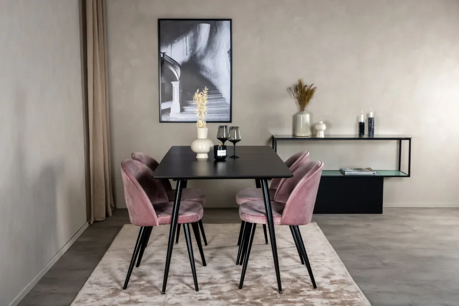 Silar must ristkülikukujuline söögilauakomplekt tolmuroosade samettoolidega, GR19605 – 5