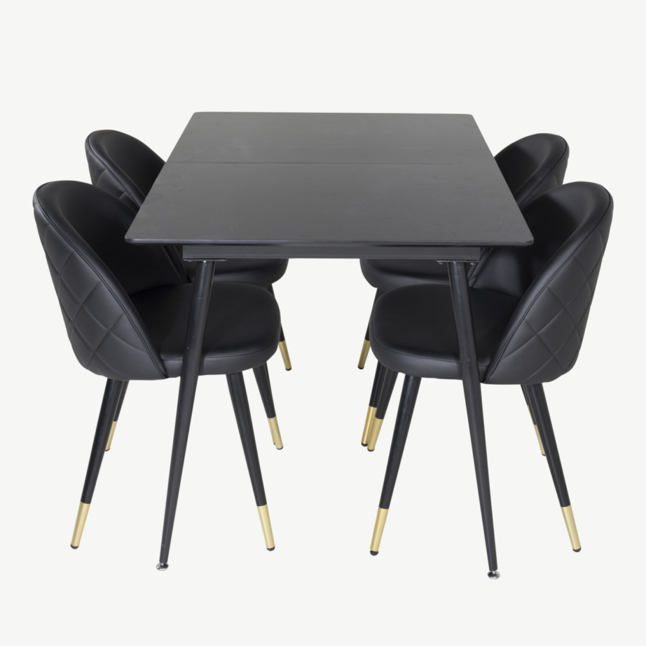 Must söögilauakomplekt Silar – ristkülikukujuline laud ja sametise PU-kattega toolid, must/kuldne, GR19606 – 2