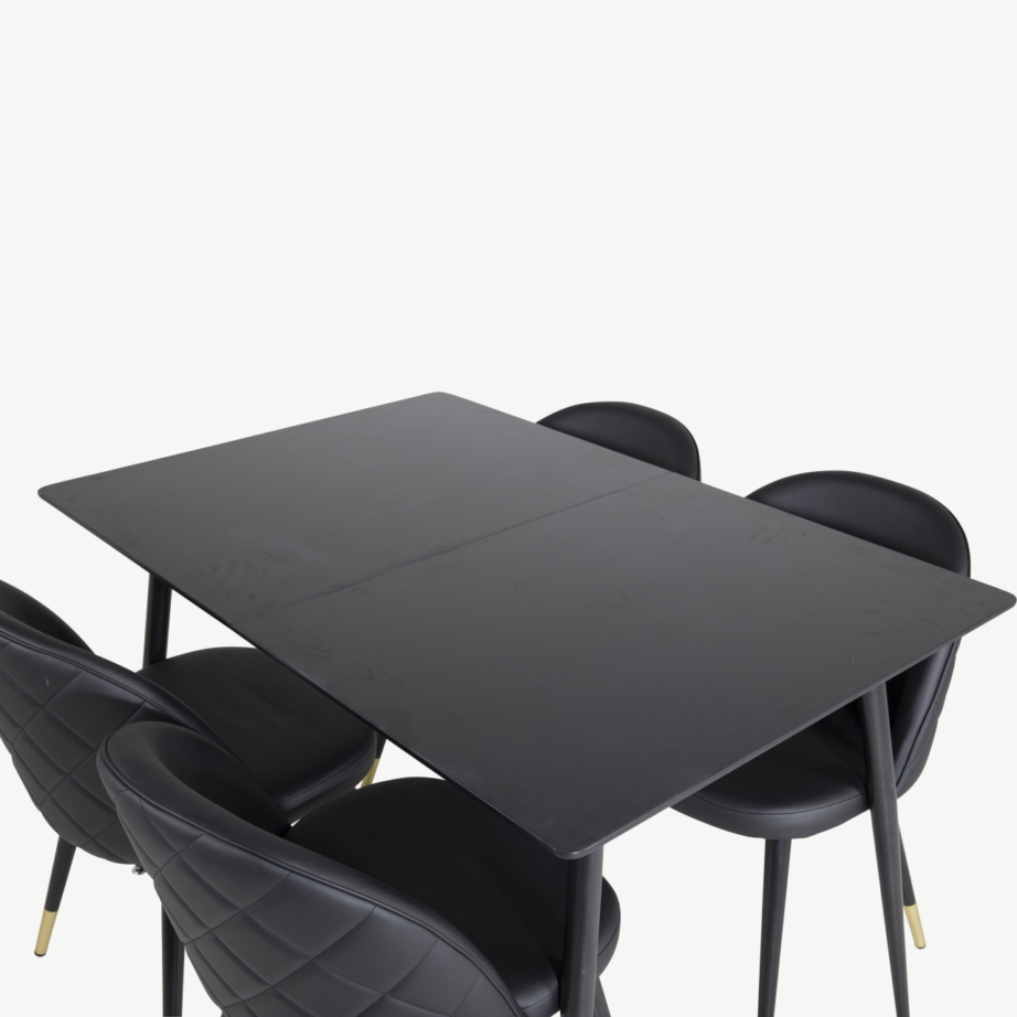 Must söögilauakomplekt Silar – ristkülikukujuline laud ja sametise PU-kattega toolid, must/kuldne, GR19606 – 4