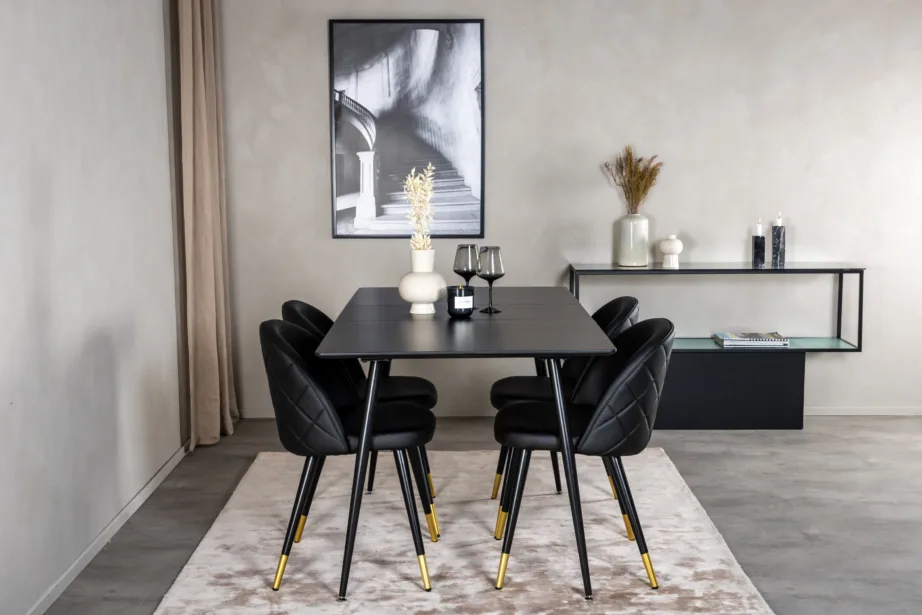 Must söögilauakomplekt Silar – ristkülikukujuline laud ja sametise PU-kattega toolid, must/kuldne, GR19606 – 5