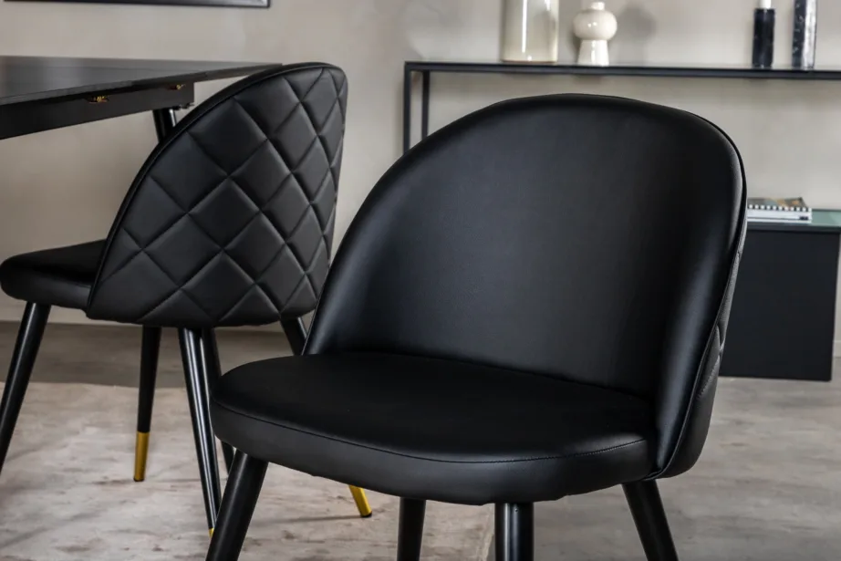 Must söögilauakomplekt Silar – ristkülikukujuline laud ja sametise PU-kattega toolid, must/kuldne, GR19606 – 7