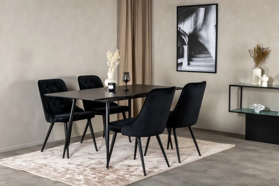 Must ristkülikukujuline söögikomplekt Silar, MDF-laud ja sametist toolid, GR19607 – 6