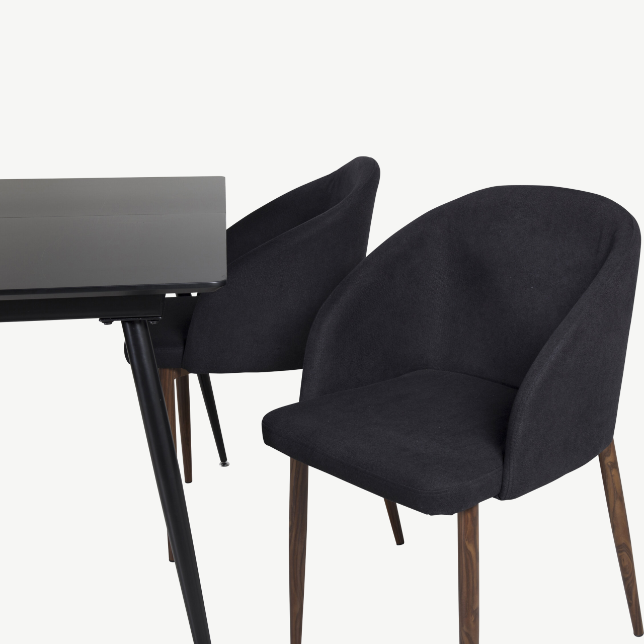 Pikendatav söögilauakomplekt Silar musta MDF-lauaga ja 4 musta kangaga Arch-tooliga - GR19608