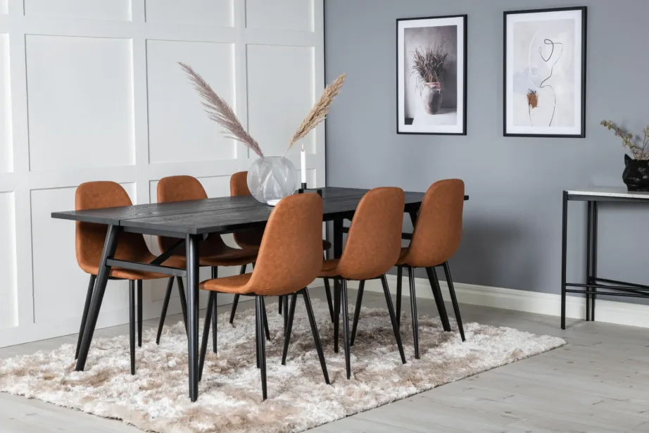 Kaasaegne must ristkülikukujuline söögikomplekt Sleek kuue pruuni Polar tooliga, GR19610 – 6