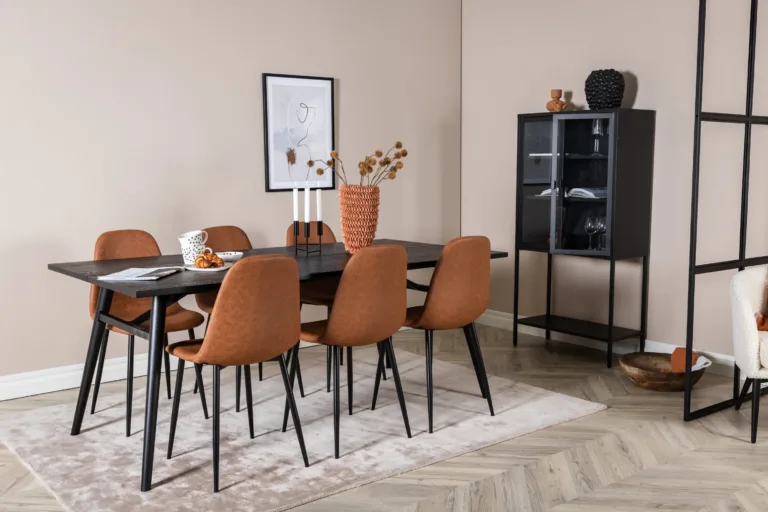 Kaasaegne must ristkülikukujuline söögikomplekt Sleek kuue pruuni Polar tooliga - GR19610
