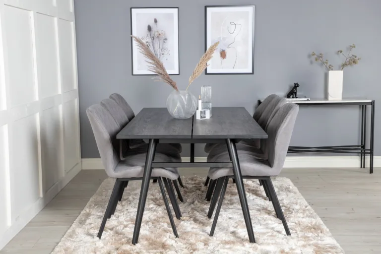 Ristkülikukujuline must söögilauakomplekt Sleek hallide Gemma toolidega - GR19629