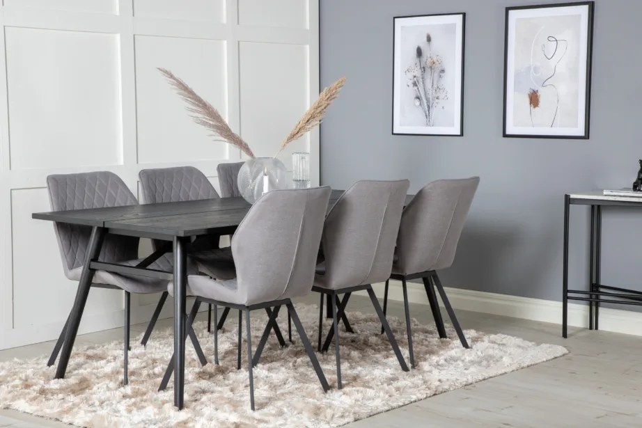 Ristkülikukujuline must söögilauakomplekt Sleek hallide Gemma toolidega, GR19629 – 6