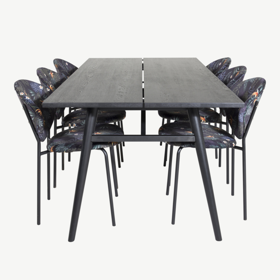 Must harjatud viimistlusega ristkülikukujuline söögilaud Sleek ja lillemustrilised toolid Vault, GR19638 – 2