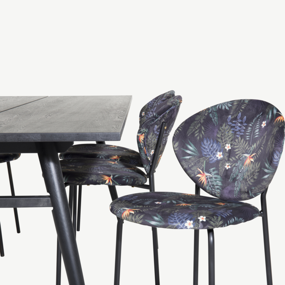 Must harjatud viimistlusega ristkülikukujuline söögilaud Sleek ja lillemustrilised toolid Vault, GR19638 – 3