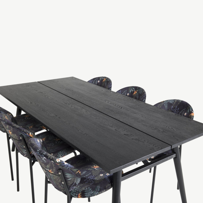 Must harjatud viimistlusega ristkülikukujuline söögilaud Sleek ja lillemustrilised toolid Vault - GR19638