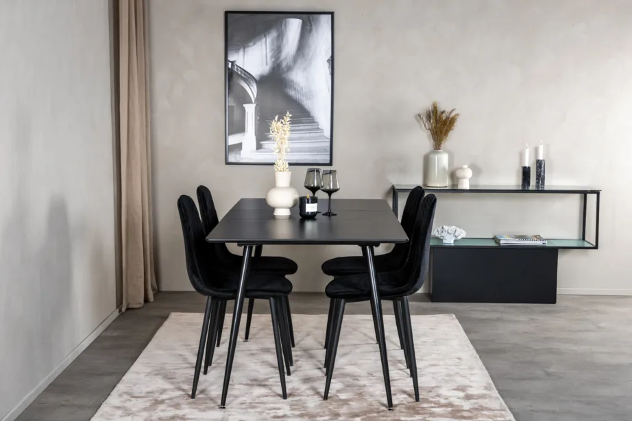 Silar ristkülikukujuline must söögilaua komplekt, MDF-plaadist laud ja sametkattega toolid, GR19641 – 5